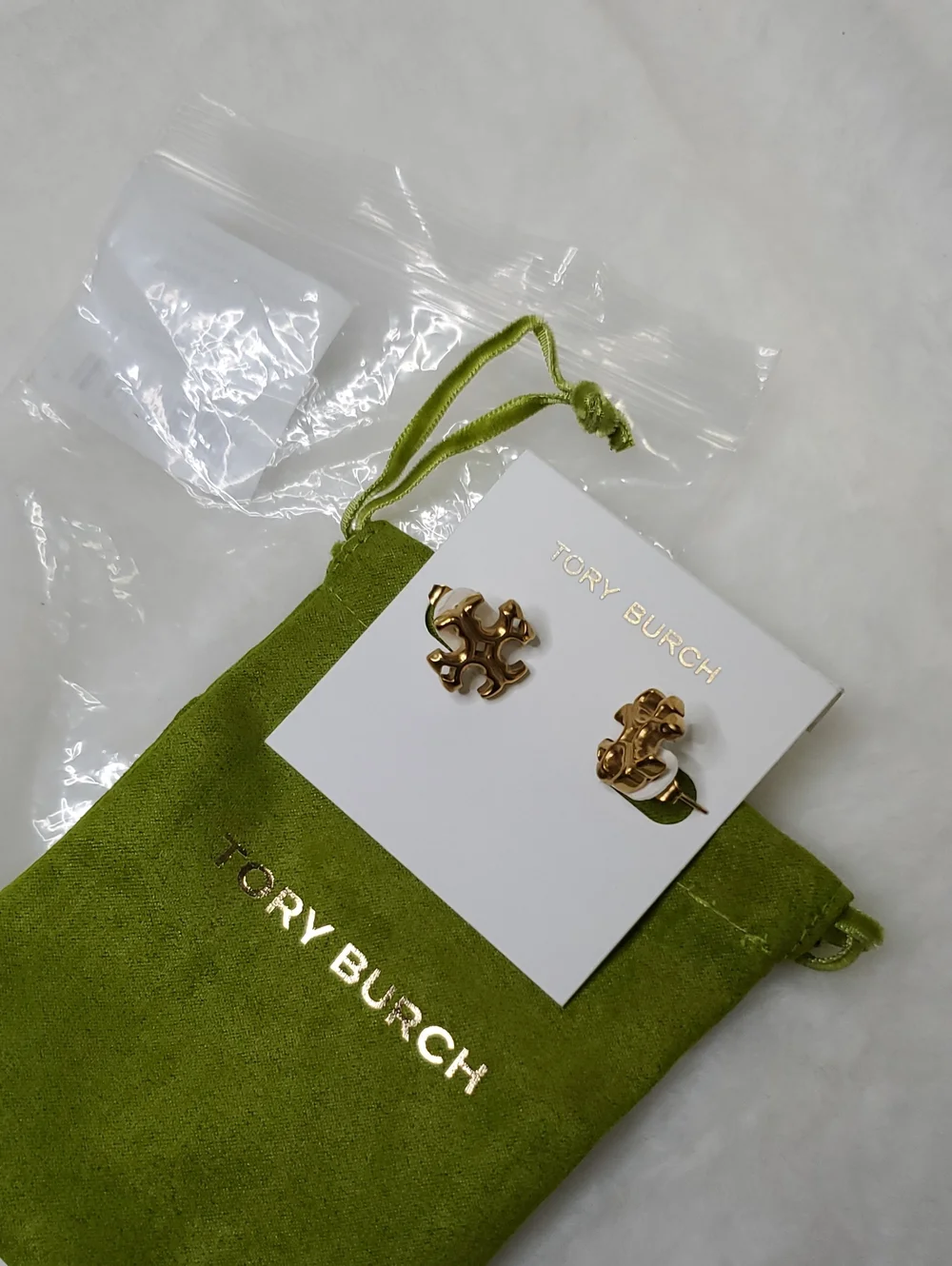 Tory Burch Gold Logo Stud Earrings with Green Pouch